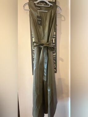 Chartou Olive Green Faux Leather Maxi Dress with Tie Waist